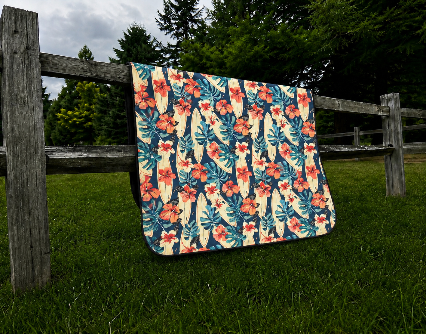 Tropical Surfboards & Hibiscus Picnic Blanket