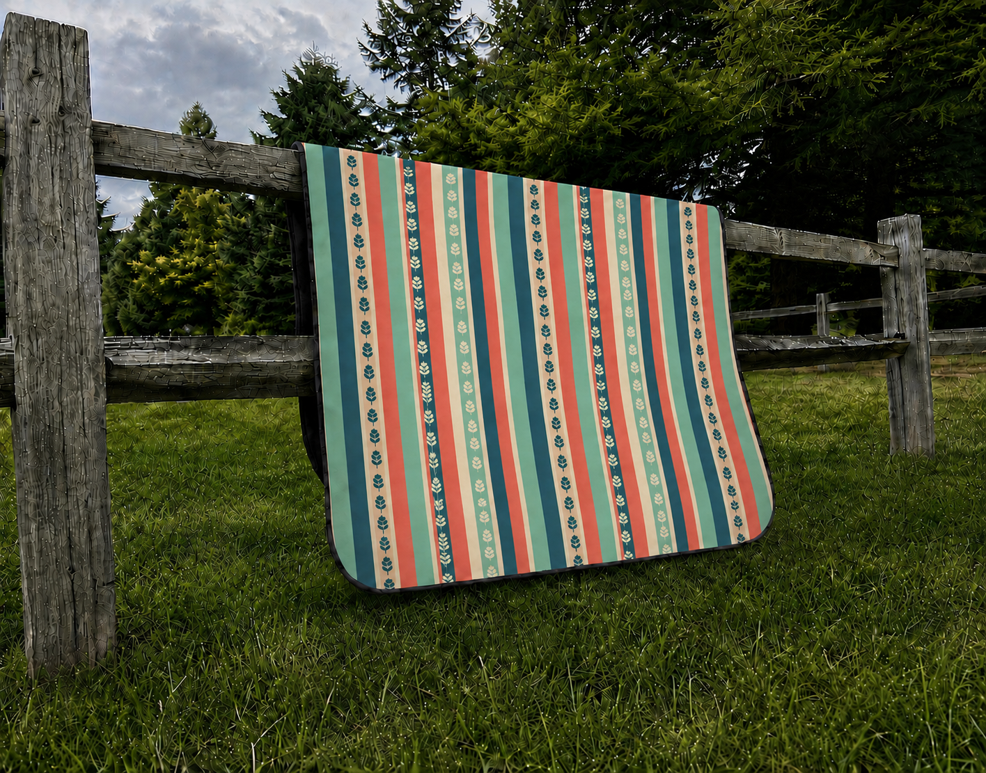 Teal Coral Stripe Picnic Blanket