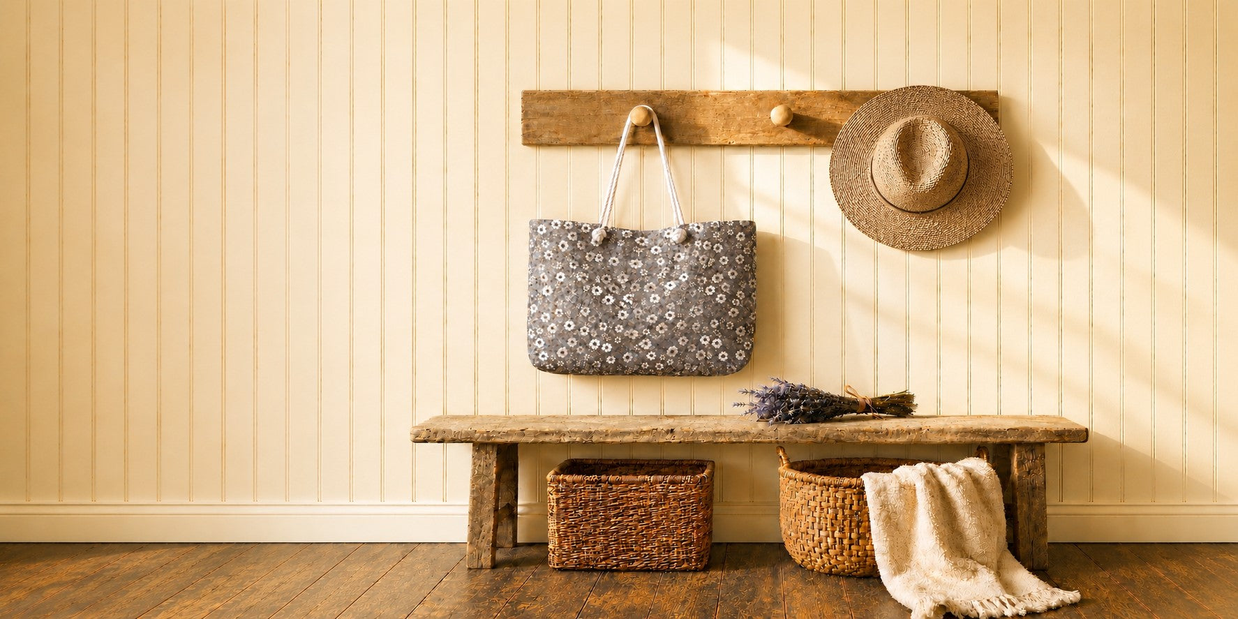 Ditsy & Pearl floral tote bag displayed in a cozy cottage-inspired entryway with rustic wood, woven baskets, and vintage farmhouse decor.